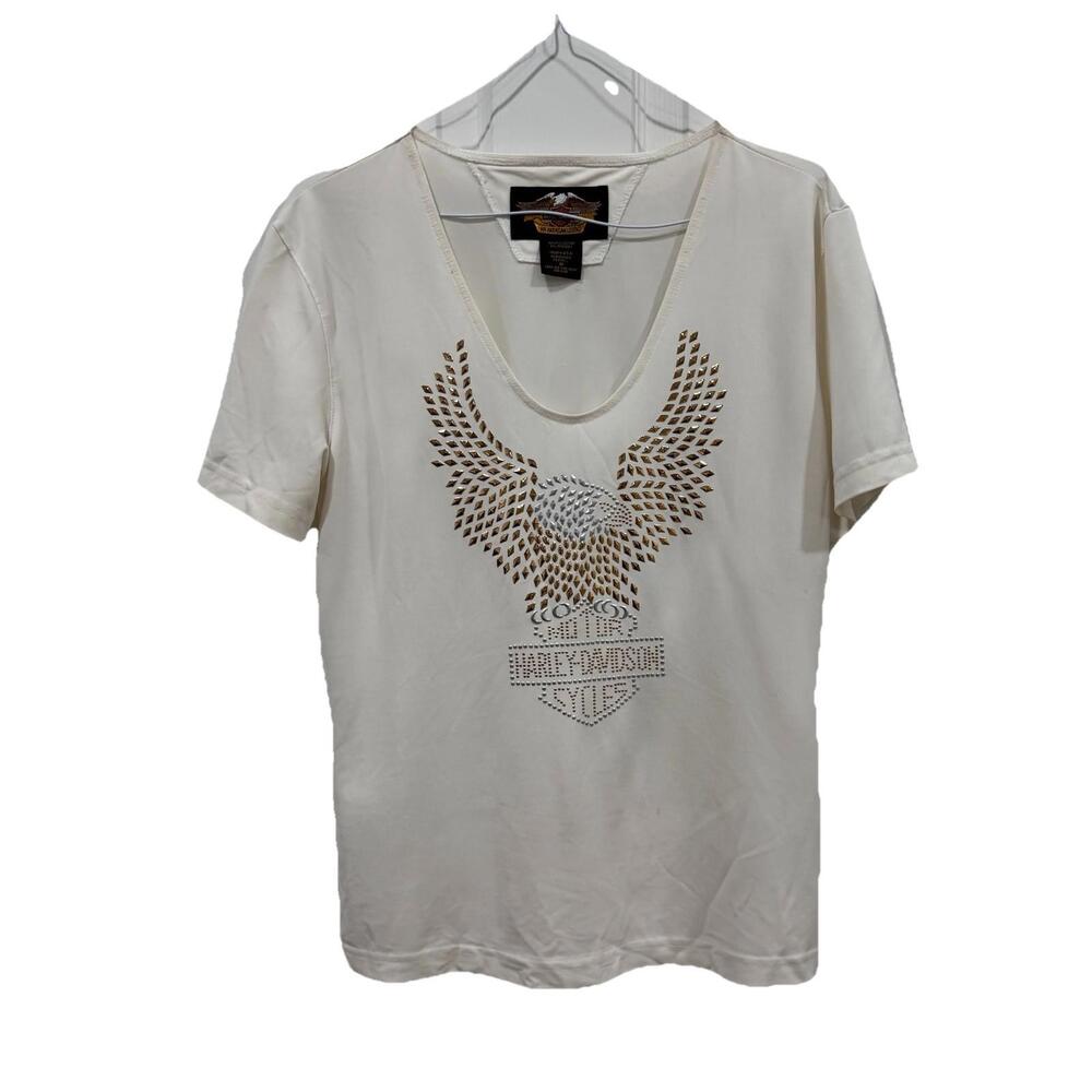 Harley Davidson Women's Medium T Shirt Top White Studded Eagle Logo Made In USA - Picture 1 of 9